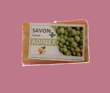 Savon citron ADINEX au beurre de karité huile essentielles de citron huile de coco et d'amande douce curcuma et plantes médicinales