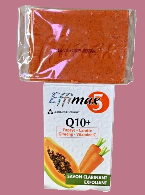 Savon clarifiant exfoliant EFFIMAX Q10+ aux extraits de papaye, carotte, gingembre et vitamin C