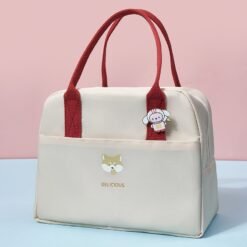 Sac à lunch thermique portable épais, sac à bento étanche de grande capacité avec badge (beige)