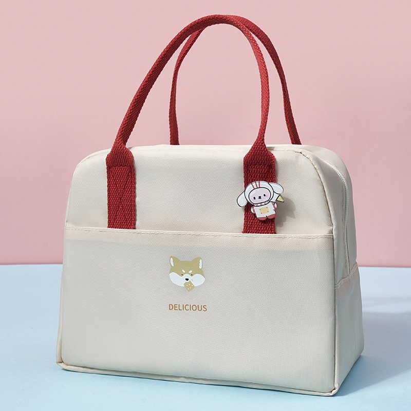 Sac à lunch thermique portable épais, sac à bento étanche de grande capacité avec badge (beige)