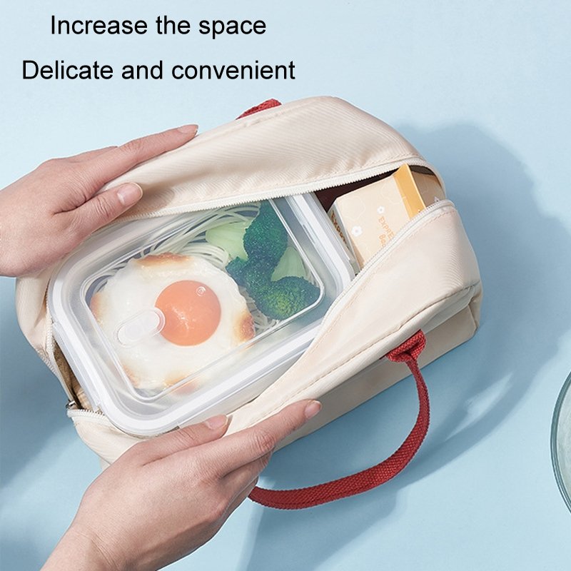 Sac à lunch thermique portable épais, sac à bento étanche de grande capacité avec badge (beige) – Image 4