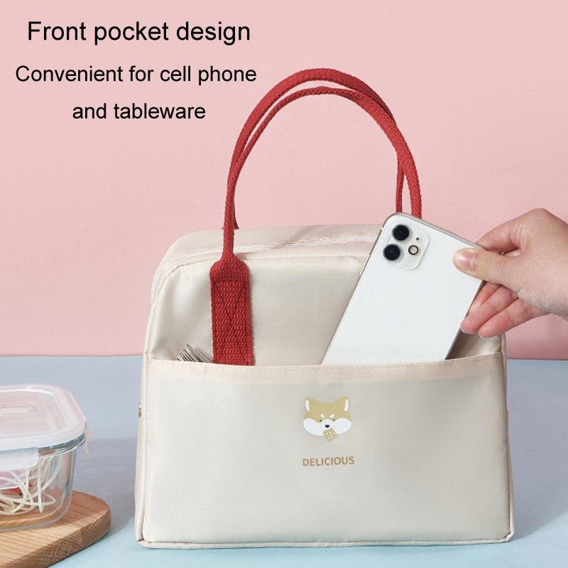Sac à lunch thermique portable épais, sac à bento étanche de grande capacité avec badge (beige) – Image 5