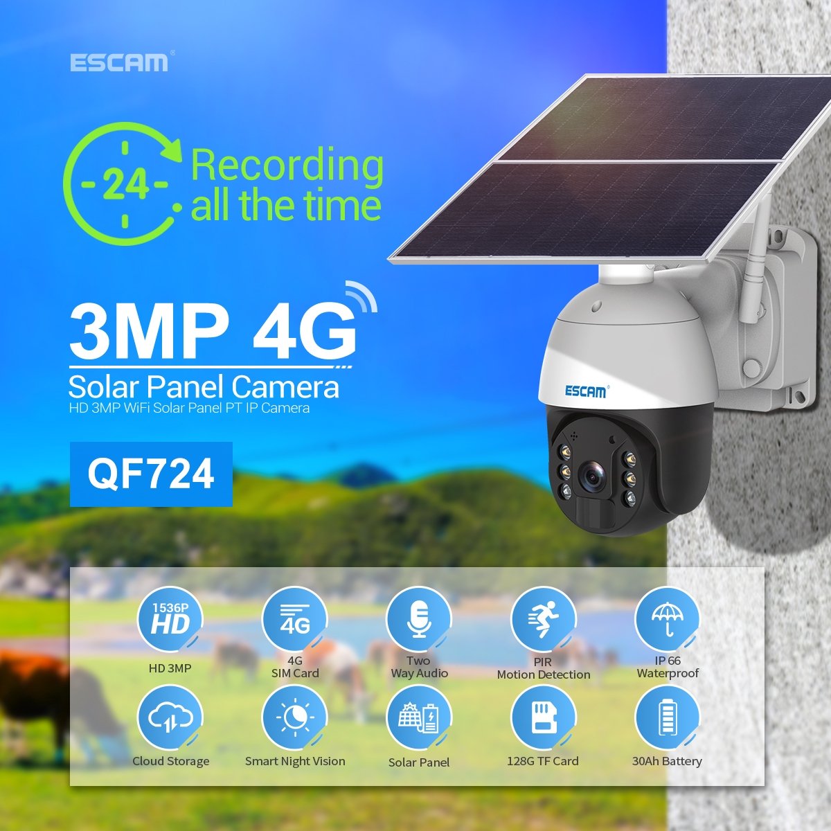 ESCAM QF724 3MP 24h Enregistrement Cloud Storage PT 4G PIR Alarme Caméra IP avec Panneau Solaire Ba – Image 4