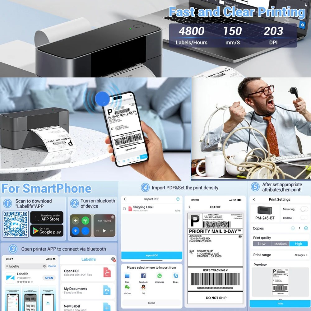 Phomemo PM245-BT imprimante d'étiquettes d'expédition Bluetooth prend en charge les étiquettes largeur 1-4.6 pouces (prise ue) – Image 3