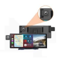 CarPlay à commande vocale avec caméra embarquée à double écran partagé. Spécifications : caméra frontale et vue intérieure.