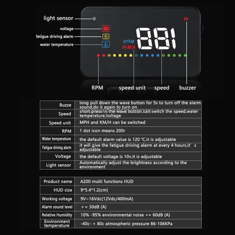 A200 OBD2 3,5 pouces système de sécurité d'affichage tête haute monté sur véhicule, prise en charge de la vitesse de la voiture / affichage de la vitesse de rotation du moteur / température de l'eau / tension – Image 5