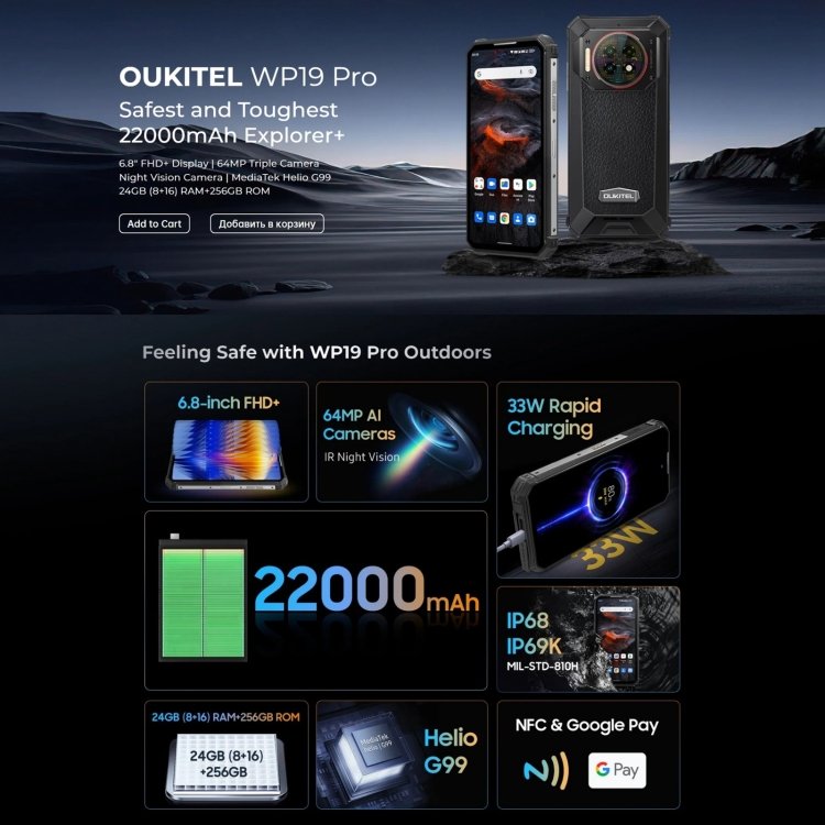 Oukitel WP19 Pro, 8 Go + 256 Go, 6,8 pouces MediaTek Helio G99 Octa-core, NFC, réseau : 4G (noir – Image 2