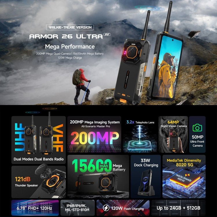 Téléphone robuste Ulefone Armor 26 Ultra version talkie-walkie, 12 Go + 512 Go, 6,78 pouces Android 13 MediaTek Dimensity 8020 Octa Core, réseau… – Image 4