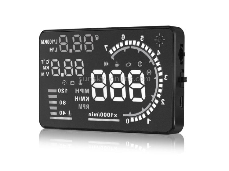 A8 5.5 pouces Système d'avertissement de voiture OBDII HUD Projecteur d'affichage tête haute monté sur véhicule avec LED, prise en charge de la consommation de carburant et alarme de survitesse et température de l'eau et diagnostic de défaut – Image 3
