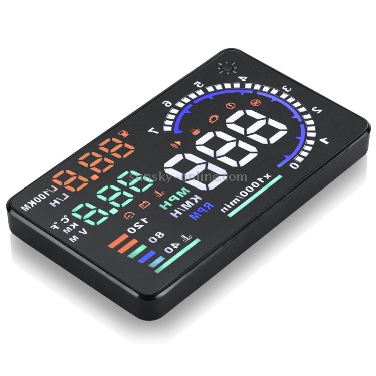 A8 5.5 pouces Système d'avertissement de voiture OBDII HUD Projecteur d'affichage tête haute monté sur véhicule avec LED, prise en charge de la consommation de carburant et alarme de survitesse et température de l'eau et diagnostic de défaut – Image 5