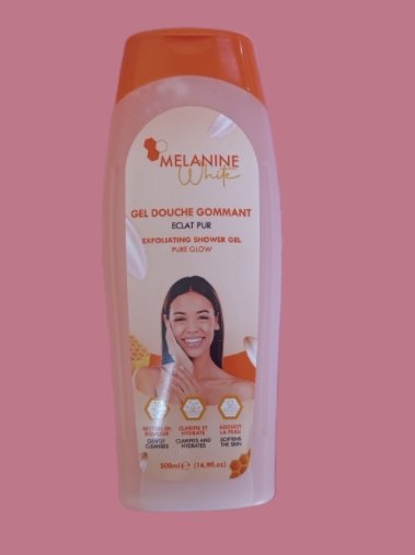 Gel douche gommant eclat pur MELANINE WHITE pure glow nettoie en douceur, clarifie et hydrate, adoucit la peau