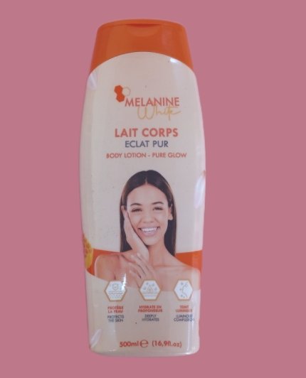 Lait corps eclat pur MELANINE WHITE pure glow protège la peau, hydrate en profondeur et donne un teint lumineux